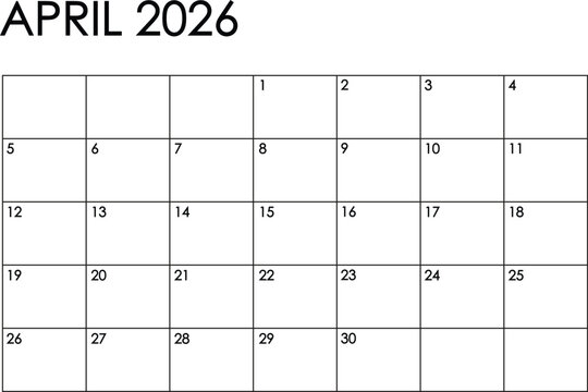 April 2026 month calendar - Sunday to Saturday format. Simple black and white design	
