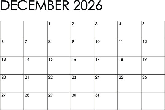 December 2026 month calendar - Sunday to Saturday format. Simple black and white design	
