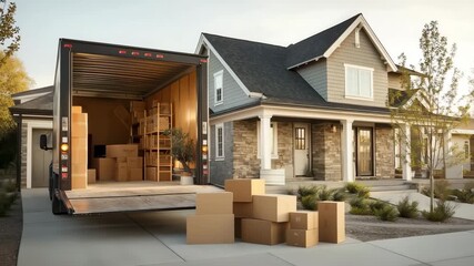 Moving truck filled with cardboard boxes packed outside a modern home, ready for moving to new home. Delivery service, Moving or shipping concept	