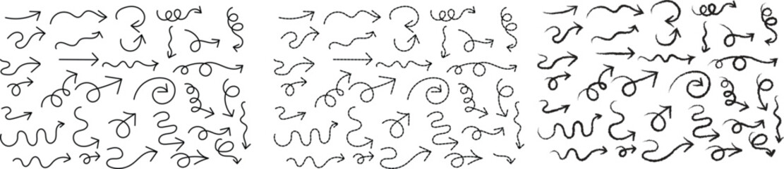A large set of hand drawn black arrows in various shapes and textures featuring solid dashed and chalk styles 
