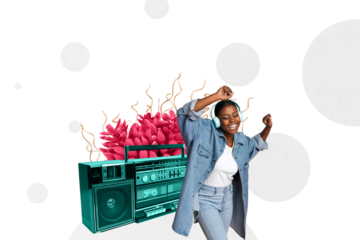 Composite photo collage of happy american girl wear headphones listen music boombox party flower bouquet isolated on painted background