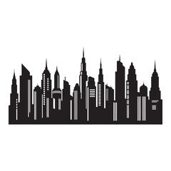 Naklejka premium A striking black silhouette of a bustling city skyline against a white backdrop, showcasing the architectural marvels, isolated on white background