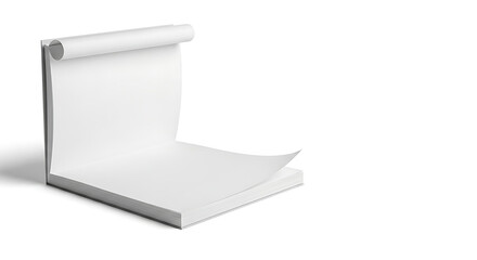 Open blank notepad with a curled page, ready for your message, notes, or design, isolated on a clean white surface with copy space