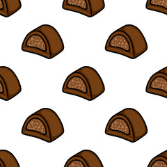 Seamless vector pattern of stylized chocolate confections with a textured nougat filling.