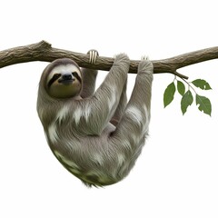 Cute Three Toed Sloth Hanging on a Branch Isolated on White Background