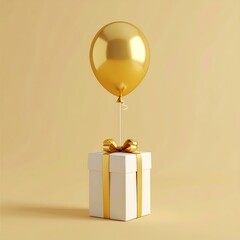 Elegant Golden Balloon Floating Above Wrapped Gift Box with Gold Ribbon Celebration Surprise Concept Festive Holiday Present Packaging Birthday Party Decoration