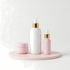 Luxury Skincare Product Line Elegant Pink Bottles with Gold Accents on a Display Stand