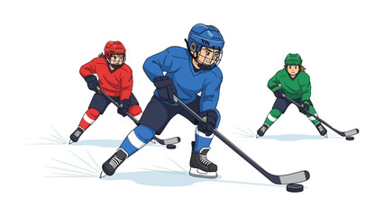 Obraz premium Dynamic Ice Hockey Action: A vivid illustration capturing the intense energy of ice hockey, as players clad in vibrant gear, engage in a spirited game with a puck, showcasing speed.