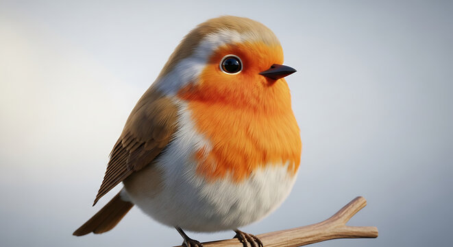 A charming, cartoon-style robin perched on a small branch, showcasing its vibrant orange breast and fluffy appearance.