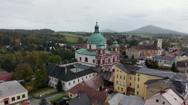 Aerial Church Saint Lawrence Jablonne Czechia. Czech Republic 18th century. Buildings of Baroque architecture in Central Europe. Historic town center. Near German and Polish borders.