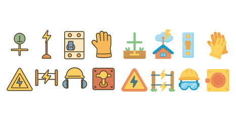 Electrical safety flat icons set &ndash; hazard, protection, prevention symbols