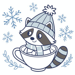 Whimsical Raccoon feeling Cheerful in a Cozy winter setting with in a teacup – colored in Frosty Winter