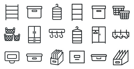 Home organization icons set – line, outline, storage and decluttering symbols