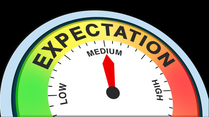 Expectation medium, text, word level concept illustration with barometer or tachometer meter on black background. Ideal for balanced goals, realistic hopes, and moderate outlook visuals