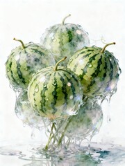 Surreal Fruits Series : A delicious looking healthy bunch of ripe watermelons on a white background suitable for graphic design and decoration 001