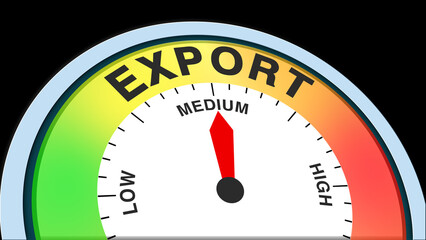 Export medium, text, word level concept illustration with barometer or tachometer meter on black background. Perfect for balanced trade, moderate shipments, and steady international business visuals