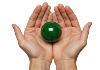 Isolated hands holding a green sphere, the gesture suggesting safety or care, cupped hands
