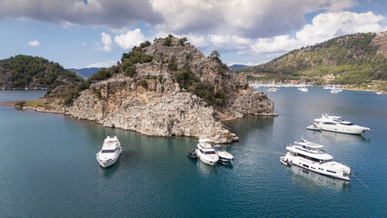 Aerial View of Kizkumu Beach and Sailboats in Marmaris, Turkey