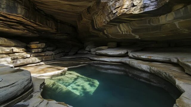 A sunlit, clear water pool inside a cave with layered sandstone rock formations