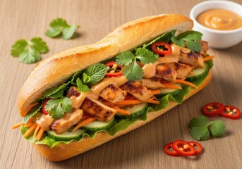 Obraz premium Grilled Chicken Bánh Mì Sandwich with Pickled Veggies, Cilantro & Spicy Mayo