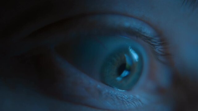A macro view of wide-open human eye madly staring at a glowing phone screen late at night illuminated by blue light. Digital addiction social media dependence and excessive content consumption. 