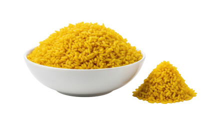 Isolated vibrant yellow rice overflowing a bowl, with a small mound beside it, ready for cooking