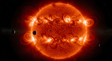 The sun with solar flares and planets in front of it in deep space