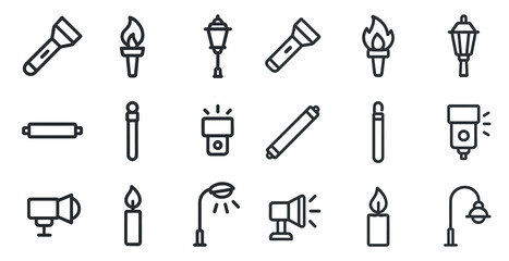 Obraz premium Lighting equipment icons set – line, outline, lamps and illumination tools