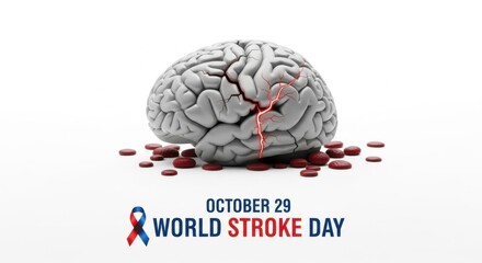 Illustration of a human brain with red blood cells and a cracked artery, symbolizing World Stroke Day, October 29