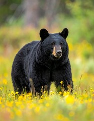 Fototapeta premium A black bear stands in a field of yellow wildflowers, looking ahead