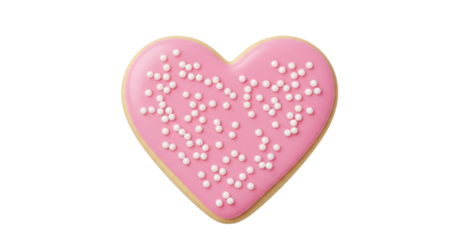 Isolated frosted heart-shaped cookie, pink icing, festive sprinkles, sweet treat, love