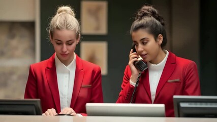 Two women hotel receptionists in uniform standing behind a modern hotel reception desk, talking on an telephone with a guest, and looking computer screen at counter is visible in hotel	
