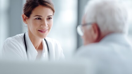 A compassionate female doctor consulting with an elderly patient in a bright, modern clinic.