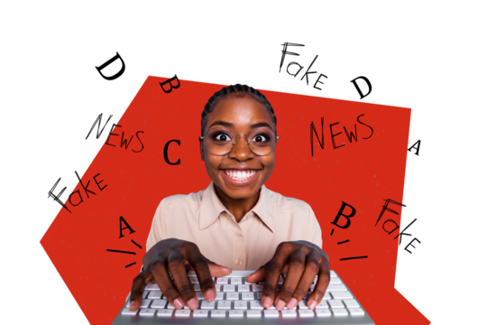 Composite trend artwork sketch image photo collage of copyspace young woman face smile hand type keyboard fake news propaganda misleading