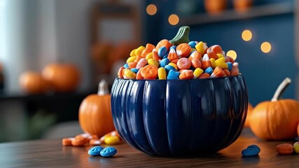 Colorful halloween candy in blue pumpkin bowl with festive decorations. Happy Halloween - Powered by Adobe