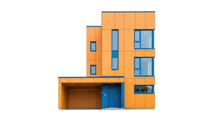 Isolated house exterior in orange and blue showing modern architectural style with clean lines