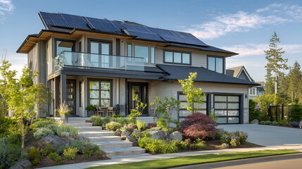 Fototapeta premium A modern two-story home with solar panels stands proudly amidst lush landscaping, showcasing sustainable living and contemporary architectural design under a bright sky.