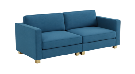 Isolated blue two-seater sofa with minimal design, contemporary style, living room furniture