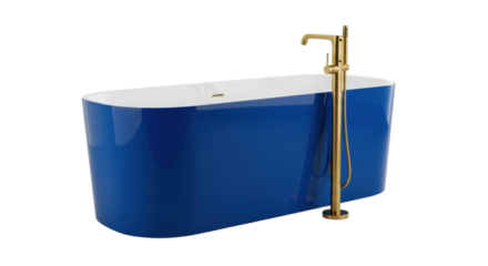 Isolated blue freestanding bathtub with gold faucet, contemporary bathroom design idea