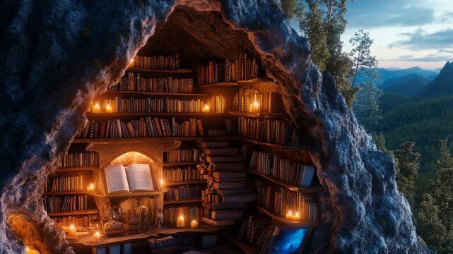 A cozy, candlelit library built into a mountain cave overlooking a vast forest