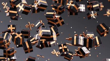 Black Friday looping video with black and gold gifts and percentage symbols falling in slow motion with endless rain on a dark background in 3D animation - Powered by Adobe
