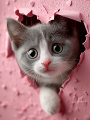 Cute Gray and White Kitten Peeking Through Torn Pink Paper with Wide Eyes
