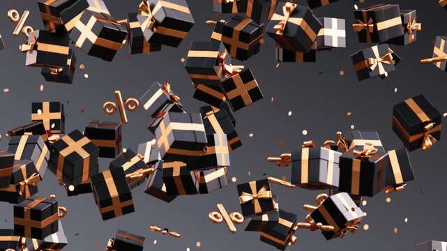 Black Friday looping video with black and gold gifts and percentage symbols falling in slow motion with endless rain on a dark background in 3D animation