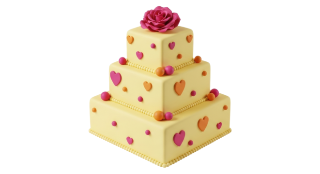 Isolated three-tiered cake with fondant icing, decorated with pink rose and colorful hearts - Powered by Adobe