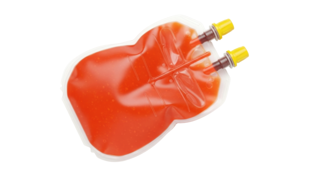 Isolated pouch of liquid, sealed, with two yellow nozzles, ready for dispensing or transfusion