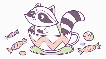 Candy Shop themed SVG: Loving Raccoon with sitting in a teacup ride in a Birthday environment