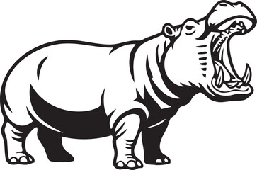 Obraz premium Aggressive hippopotamus with a wide-open mouth, black and white vector logo.