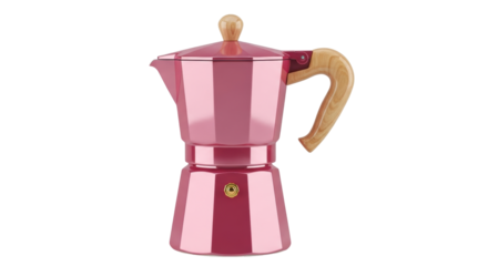 Isolated pink Moka pot, stovetop espresso maker, Italian coffee culture and brewing tool