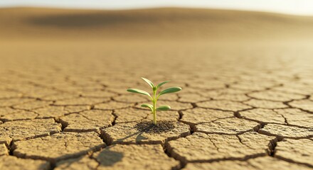 A small plant bravely growing from cracked dry earth in a desert landscape