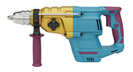 Isolated electric hammer drill, modern multicolor tool for construction industry, drilling work